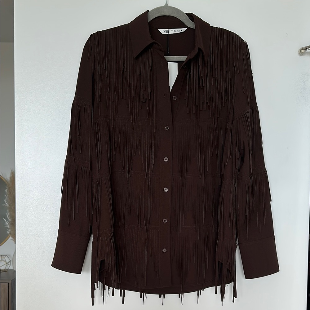Zara Brown Embellished Button Down Shirt